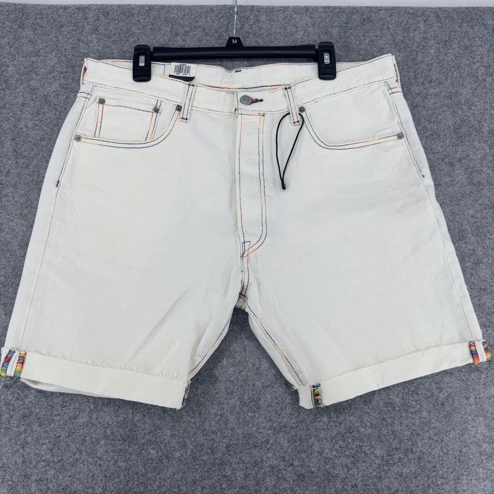 Levis 501 Slim Taper Shorts Mens 36 White Rainbow Pride Multi Color Stitch New
